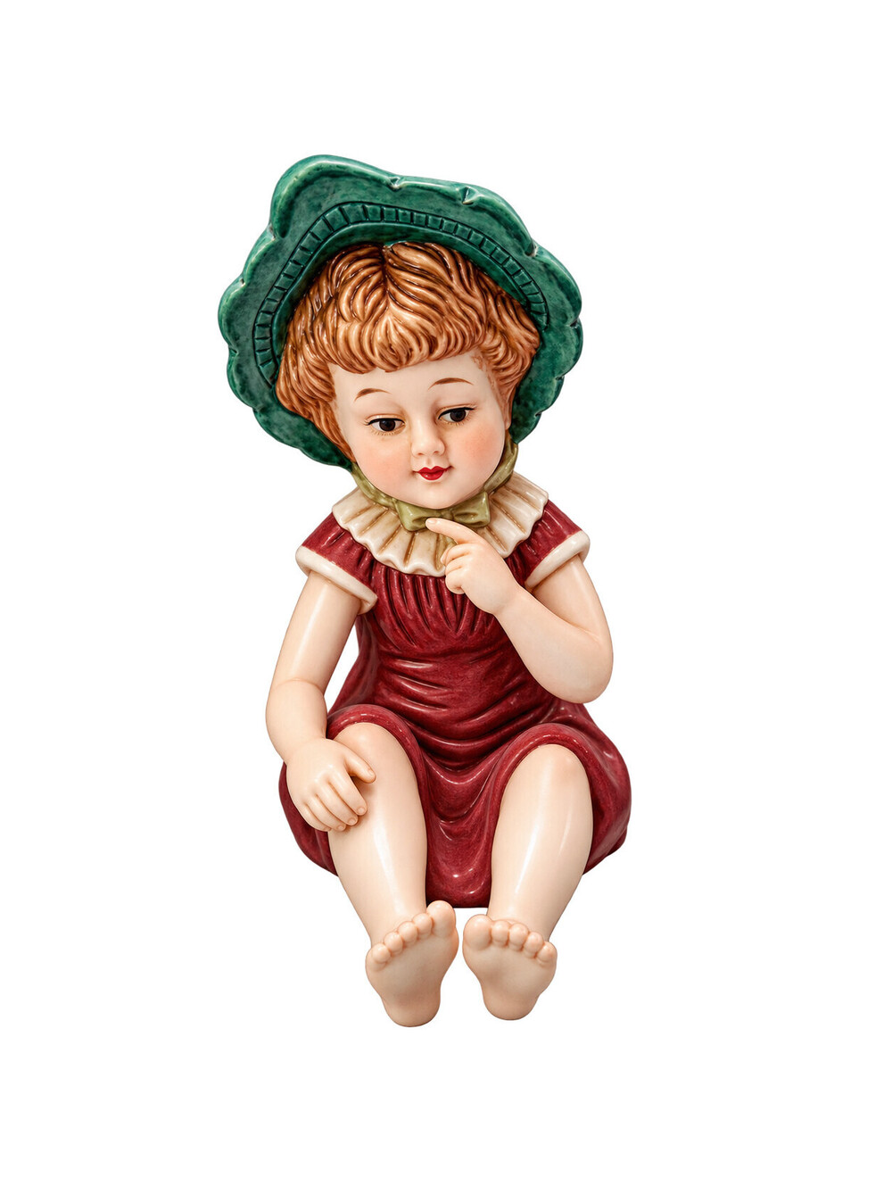 Vintage Hand Painted Piano Baby Girl With Brown Dress & Green Bonnet Figurine
